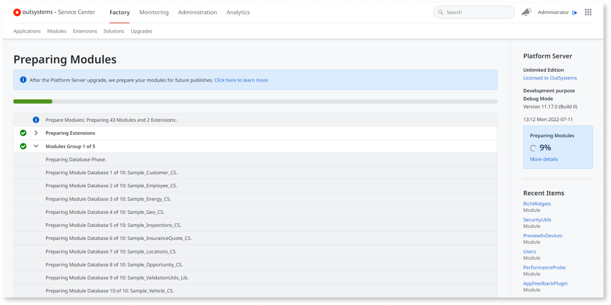 Modules preparation step during Platform Server upgrade - OutSystems 11 ...