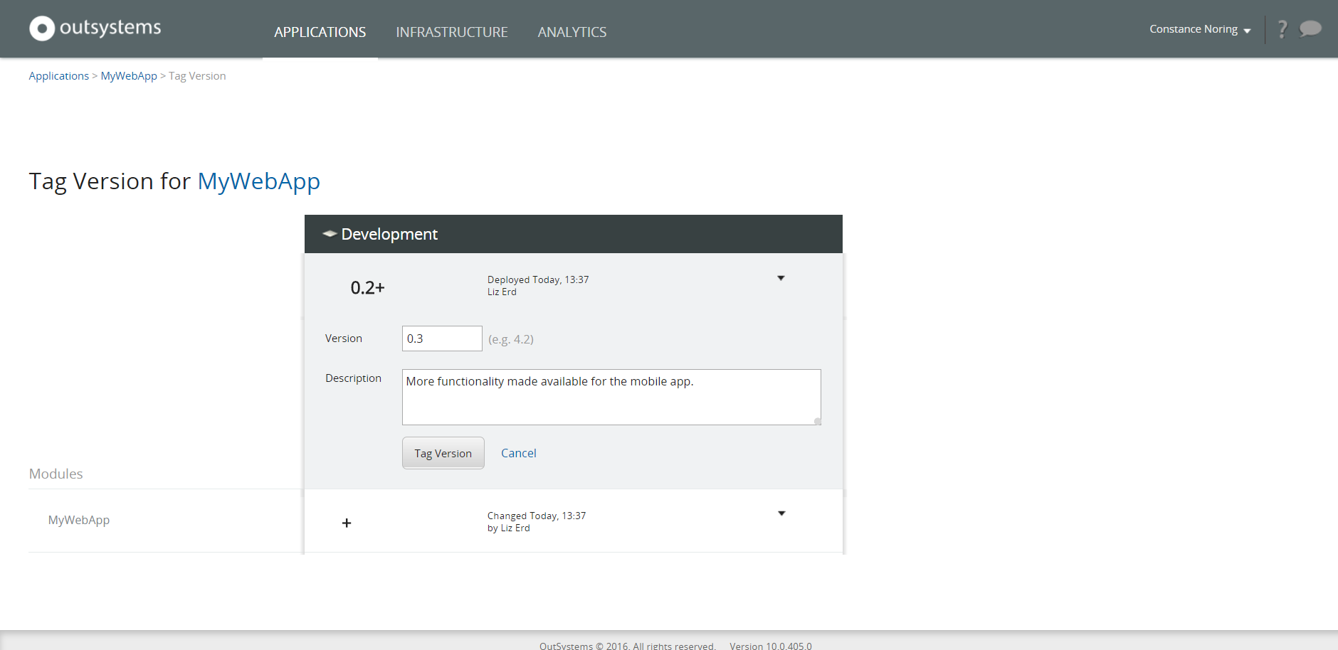 Tag a Version - OutSystems 10 Documentation