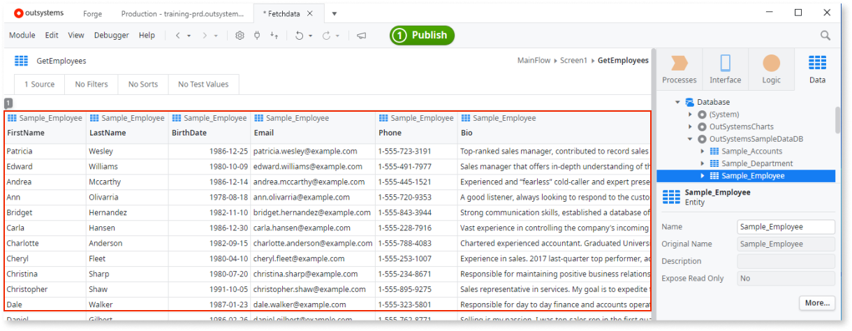 OutSystemsでデータベースからデータを取得して表示する - ODC Documentation