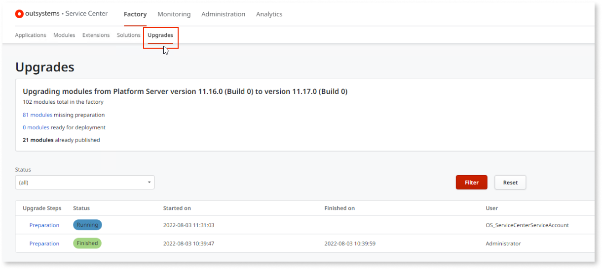 Modules preparation step during Platform Server upgrade - OutSystems 11 ...