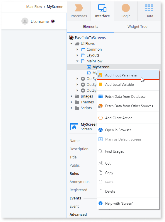 Context menu in ODC Studio with an option to add an Input Parameter to a screen